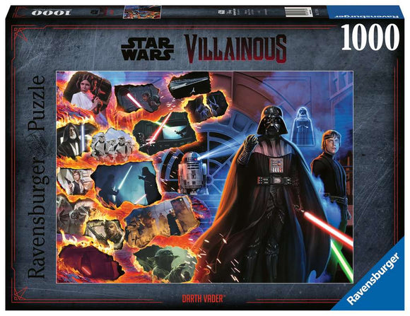Star Wars Villainous jigsaw puzzle featuring Darth Vader, showcasing an intense scene with iconic characters and elements from the franchise, including lightsabers and spacecraft. The 1000-piece puzzle presents stunning artwork that combines Darth Vader with other pivotal Star Wars moments, set against a dramatic background of fire and action.