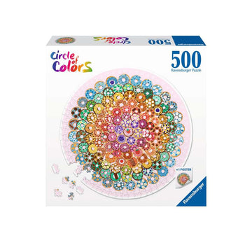 A colorful jigsaw puzzle titled 'Circle of Colors: Donuts' by Ravensburger, featuring a vibrant circular design made up of various donut shapes in a multitude of colors. The box includes 500 pieces and a bonus poster depicting the puzzle image.