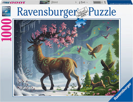 A beautifully illustrated jigsaw puzzle titled 'Deer of Spring' featuring a majestic deer standing in a vibrant forest scene. The landscape is filled with cherry blossoms, various small animals, and colorful birds flying under a sky with swirling colors, encapsulating the essence of spring. The puzzle consists of 1000 pieces and is made by Ravensburger, known for high-quality puzzles.