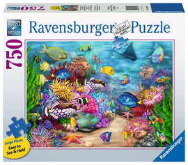 Costa Rica Reef Life is a vibrant 750-piece jigsaw puzzle by Ravensburger, showcasing a colorful underwater scene filled with diverse fish, corals, and sea life. The design features large, easy-to-handle pieces, making it perfect for enthusiasts of all ages.