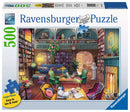 The Dream Library Large Piece Puzzle by Ravensburger features a vibrant jigsaw puzzle design depicting a cozy library with bookshelves filled with books, comfortable seating areas, a warm fireplace, and decorative plants. The puzzle includes 500 large pieces that are easy to see and hold, making it perfect for puzzle enthusiasts of all ages.