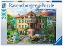 Cove Manor Echoes jigsaw puzzle by Ravensburger featuring a stunning, intricate image of a grand manor surrounded by lush greenery and a scenic waterfront. The artwork includes details like a vintage car, a fountain, and swans, inviting puzzle enthusiasts to create a beautiful scene piece by piece. The puzzle contains 2000 pieces and utilizes Ravensburger's Softclick technology for perfect fit and ease of assembly.