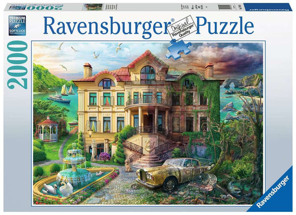 Cove Manor Echoes jigsaw puzzle by Ravensburger featuring a stunning, intricate image of a grand manor surrounded by lush greenery and a scenic waterfront. The artwork includes details like a vintage car, a fountain, and swans, inviting puzzle enthusiasts to create a beautiful scene piece by piece. The puzzle contains 2000 pieces and utilizes Ravensburger's Softclick technology for perfect fit and ease of assembly.