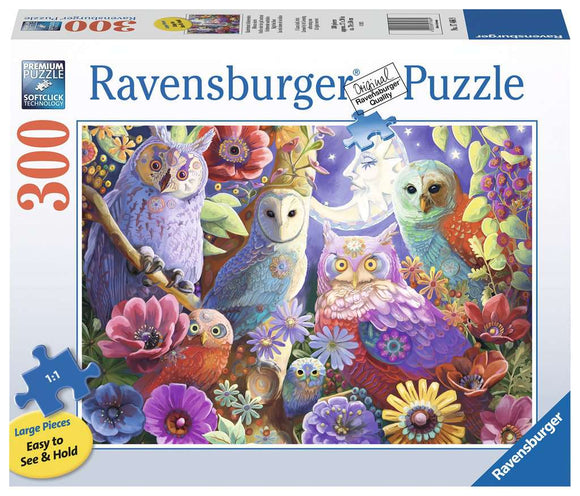 A colorful jigsaw puzzle box featuring the Night Owl Hoot design by Ravensburger. The illustration showcases various intricately designed owls amidst vibrant flowers, with large pieces noted as easy to see and hold. The packaging emphasizes premium quality and soft-click technology, suitable for puzzle enthusiasts.