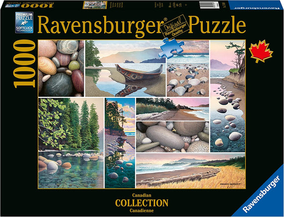 The West Coast Tranquility 1000-piece jigsaw puzzle by Ravensburger displays a collage of serene Canadian landscapes, featuring smooth pebbles, tranquil waters, and colorful forests. Each section of the puzzle showcases different natural elements, highlighting the beauty of the West Coast. The box design features vibrant artwork and the Ravensburger logo.