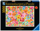 A colorful jigsaw puzzle box featuring a vibrant floral print with various flowers in a mix of colors including pink, orange, blue, and yellow. The box is labeled as a 1000-piece puzzle from Ravensburger, part of the Canadian Collection, showcasing a bright and artistic design perfect for jigsaw enthusiasts.