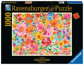 A colorful jigsaw puzzle box featuring a vibrant floral print with various flowers in a mix of colors including pink, orange, blue, and yellow. The box is labeled as a 1000-piece puzzle from Ravensburger, part of the Canadian Collection, showcasing a bright and artistic design perfect for jigsaw enthusiasts.