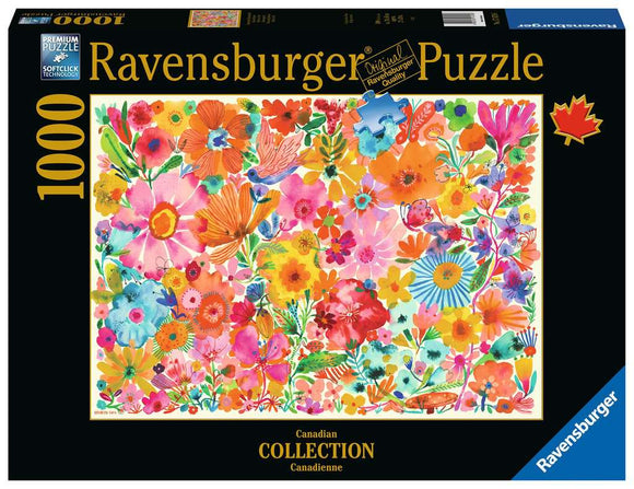 A colorful jigsaw puzzle box featuring a vibrant floral print with various flowers in a mix of colors including pink, orange, blue, and yellow. The box is labeled as a 1000-piece puzzle from Ravensburger, part of the Canadian Collection, showcasing a bright and artistic design perfect for jigsaw enthusiasts.
