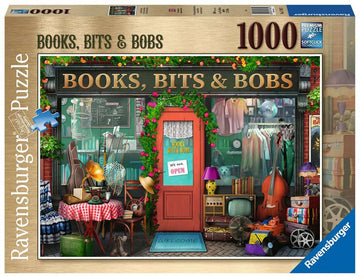 The 'Books, Bits & Bobs' jigsaw puzzle by Ravensburger features a charming storefront filled with a variety of intriguing items like vintage books, clothing, a gramophone, and an array of collectibles. The inviting red door with a sign that reads 'We are open' welcomes you into this nostalgic scene, showcasing a delightful mix of colors and textures, perfect for puzzle enthusiasts.