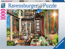 A detailed jigsaw puzzle box featuring the Redwood Forest Tiny House. The image showcases a cozy interior with large windows displaying a vibrant forest scene. A dog rests on the floor, and various homey decorations are visible throughout the space, including plants, books, and artwork. The puzzle contains 1000 pieces and is branded by Ravensburger, known for premium quality puzzles.