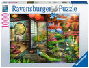 A Ravensburger jigsaw puzzle featuring a serene Japanese garden teahouse scene. The image depicts vibrant flora, a tranquil pond with koi fish, a traditional red bridge, and a picturesque teahouse, surrounded by colorful lanterns and lush trees, all illustrated in captivating detail. The puzzle includes 1000 pieces.