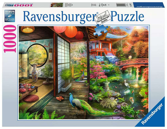A Ravensburger jigsaw puzzle featuring a serene Japanese garden teahouse scene. The image depicts vibrant flora, a tranquil pond with koi fish, a traditional red bridge, and a picturesque teahouse, surrounded by colorful lanterns and lush trees, all illustrated in captivating detail. The puzzle includes 1000 pieces.