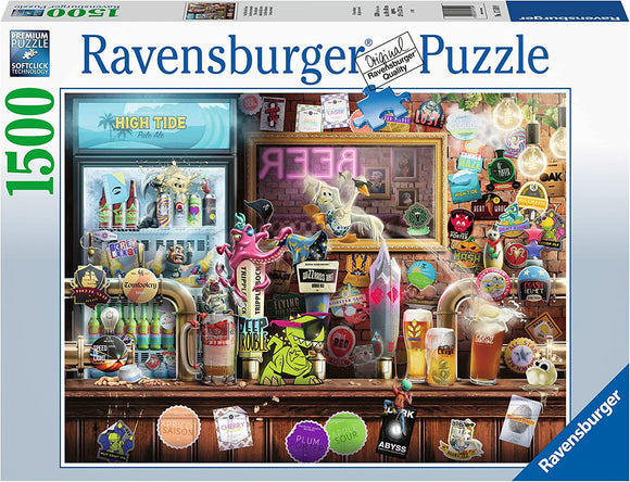 Craft Beer Bonanza Jigsaw Puzzle by Ravensburger features a vibrant collage of beer-themed items, including colorful beer labels, a fridge stocked with drinks, and playful illustrations like a whimsical horse. This 1500-piece puzzle invites beer enthusiasts and puzzle lovers alike to enjoy an engaging and delightful experience as they piece together an exciting celebration of craft beer culture.