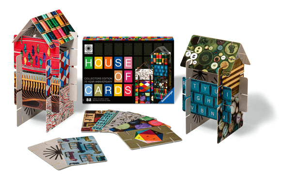 Eames House of Cards jigsaw puzzle by Ravensburger, featuring colorful designs and patterns. The packaging showcases the 70th-anniversary edition with 32 unique cards for building fun structures. Several cards are displayed next to three assembled houses made from the cards, highlighting their creativity and playfulness.