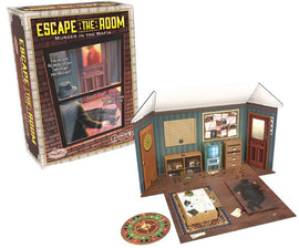 Escape the Room: Murder in the Mafia game by ThinkFun. The image shows the game box and a detailed 3D room setup with a desk, cabinets, clues on the walls, and a carpeted floor featuring a body outline and a circular clue board. This immersive game challenges players to solve a murder mystery using logic and teamwork.