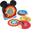 Product image of ThinkFun's Word-A-Round Disney game. The game comes in a black package shaped like Mickey Mouse's head and features a colorful design. Several circular game cards with Disney characters like Cinderella, Simba, and Moana are displayed, emphasizing word discovery in a fast-paced format. Suitable for ages 10 and up, it’s a fun group game for family and friends.