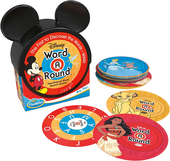 Product image of ThinkFun's Word-A-Round Disney game. The game comes in a black package shaped like Mickey Mouse's head and features a colorful design. Several circular game cards with Disney characters like Cinderella, Simba, and Moana are displayed, emphasizing word discovery in a fast-paced format. Suitable for ages 10 and up, it’s a fun group game for family and friends.