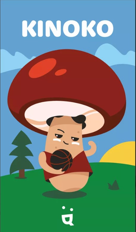 Kinoko game by Helvetiq featuring a cute cartoon mushroom character holding a basketball, set against a colorful background with trees and mountains. The title 'KINOKO' is prominently displayed at the top.