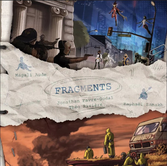 The cover art for the game 'Fragments' by Blackrock Games, featuring a colorful and dynamic illustration. The imagery depicts various characters in an urban setting, some in futuristic clothing and masks, engaging in action. The title 'Fragments' is prominently displayed in a circular format, surrounded by a torn paper effect, along with the names of the designers.