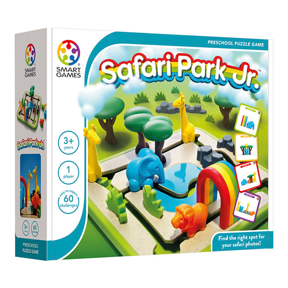 A colorful box of the Safari Park Jr. game by Smart Toys & Games, featuring playful animal figures including an elephant, giraffes, and a lion in a vibrant safari park setting. The box highlights a preschool puzzle game designed for children ages 3 and up, offering 60 challenges for single players.