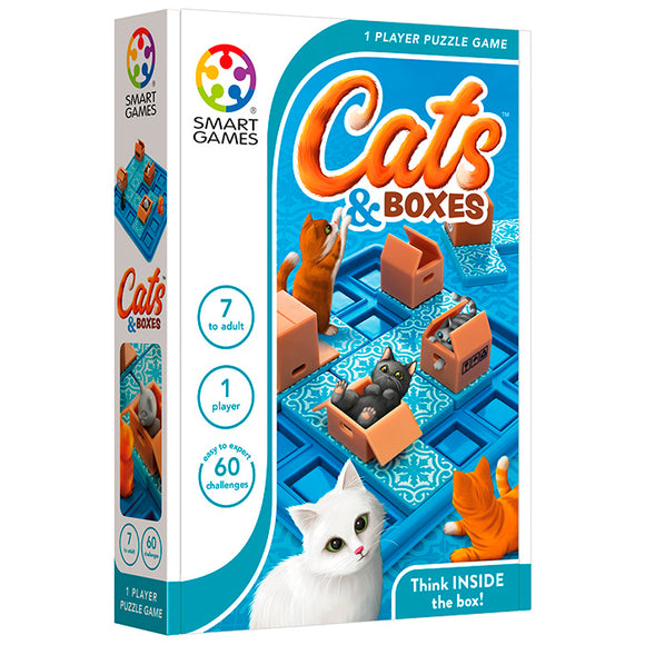 The 'Cats & Boxes' mechanical puzzle by Smart Toys & Games features playful cats interacting with various boxes on a colorful game board. It includes visual representations of the cats and boxes, designed for ages 7 and up, offering 60 challenges for single-player gameplay. The box design showcases vibrant colors and engaging illustrations.