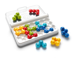 The IQ Twins mechanical puzzle by Smart Toys & Games features colorful, interlocking plastic pieces arranged in various configurations. The pieces come in blue, green, red, yellow, and turquoise, and are stored neatly in a clear plastic case. Instructions and challenges for assembly are included, promoting logical thinking and spatial awareness.