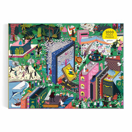 A vibrant jigsaw puzzle titled 'Book World' by Galison, featuring an intricate illustration filled with colorful scenes of people interacting with oversized books in various environments, including nature, a beach, and a lively street, providing a playful representation of a literary-themed world.