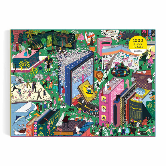 A vibrant jigsaw puzzle titled 'Book World' by Galison, featuring an intricate illustration filled with colorful scenes of people interacting with oversized books in various environments, including nature, a beach, and a lively street, providing a playful representation of a literary-themed world.