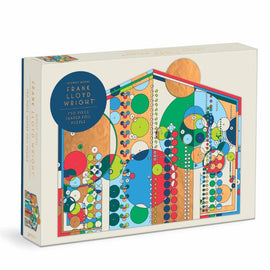 Frank Lloyd Wright Midway Mural jigsaw puzzle featuring 750 uniquely shaped foil pieces. The puzzle showcases vibrant colors and geometric patterns inspired by Wright's architectural style, making it a visually appealing and engaging experience for puzzle enthusiasts.