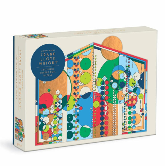 Frank Lloyd Wright Midway Mural jigsaw puzzle featuring 750 uniquely shaped foil pieces. The puzzle showcases vibrant colors and geometric patterns inspired by Wright's architectural style, making it a visually appealing and engaging experience for puzzle enthusiasts.