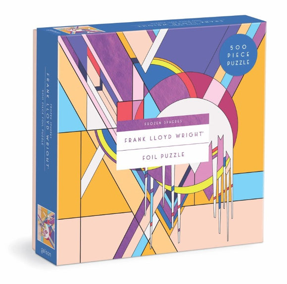 Frozen Spheres jigsaw puzzle featuring vibrant geometric designs inspired by Frank Lloyd Wright. The colorful box displays a 500-piece foil puzzle with intricate patterns and shapes, perfect for art and puzzle lovers.