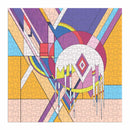 A colorful jigsaw puzzle featuring abstract geometric shapes and vibrant patterns inspired by Frank Lloyd Wright's Frozen Spheres design. The pieces showcase an array of colors including purple, pink, yellow, and blue, creating a visually stimulating image that emphasizes Wright's architectural style.
