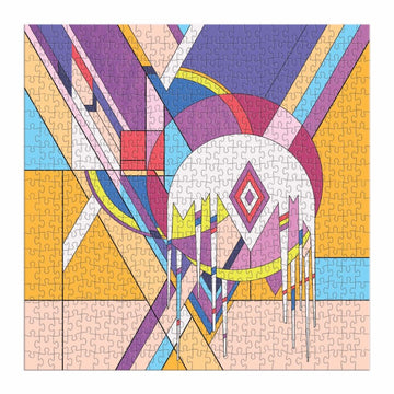 A colorful jigsaw puzzle featuring abstract geometric shapes and vibrant patterns inspired by Frank Lloyd Wright's Frozen Spheres design. The pieces showcase an array of colors including purple, pink, yellow, and blue, creating a visually stimulating image that emphasizes Wright's architectural style.