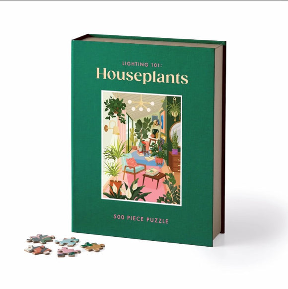 Lighting 101: Houseplants jigsaw puzzle by Galison, featuring a vibrant illustration of a well-lit room filled with various houseplants, books, and a cozy ambiance. Includes 500 puzzle pieces for an engaging experience.