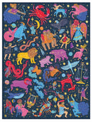A colorful jigsaw puzzle titled 'Constellations 101' featuring various zodiac signs and celestial motifs against a dark blue background. The puzzle showcases vibrant illustrations of characters representing each zodiac sign, including a lion, crab, and angel, along with stars and constellations, creating an engaging and educational experience.