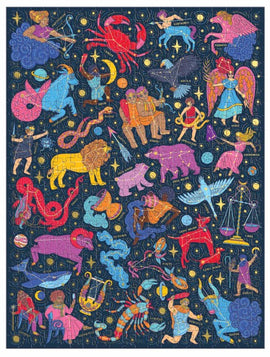 A colorful jigsaw puzzle titled 'Constellations 101' featuring various zodiac signs and celestial motifs against a dark blue background. The puzzle showcases vibrant illustrations of characters representing each zodiac sign, including a lion, crab, and angel, along with stars and constellations, creating an engaging and educational experience.
