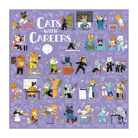 A colorful jigsaw puzzle titled 'Cats with Careers' featuring various illustrated cats engaged in different professions such as yoga, painting, and photography, set against a purple background.