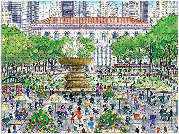 Jigsaw puzzle titled 'Springtime at the Library' by Michael Storrings, featuring a vibrant park scene with a fountain, greenery, and diverse people enjoying the outdoors around a library backdrop.