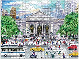A colorful jigsaw puzzle titled 'Springtime at the Library' by Michael Storrings, depicting a busy city scene outside a grand library building surrounded by trees, people, and vehicles such as taxis and buses.