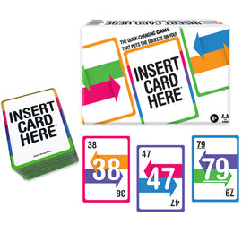 Insert Card Here game by Winning Moves. The packaging features bright colors and bold typography. The game includes various cards with numbers and colored arrows, designed for quick, strategic gameplay. Ideal for family fun and enhancing cognitive skills.
