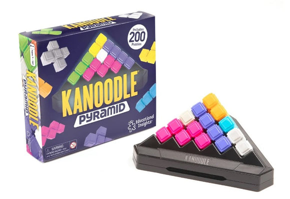 Kanoodle Pyramid mechanical puzzle by Educational Insights, featuring a colorful arrangement of interlocking plastic pieces in a triangular design with a box containing 200 challenges.