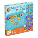 DJECO Aquarium Logic mechanical puzzle box featuring colorful underwater-themed pieces. The packaging showcases the puzzle layout and hints for solving it. Ideal for ages 7 and up, it invites players to engage in logical thinking and problem-solving.