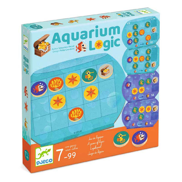 DJECO Aquarium Logic mechanical puzzle box featuring colorful underwater-themed pieces. The packaging showcases the puzzle layout and hints for solving it. Ideal for ages 7 and up, it invites players to engage in logical thinking and problem-solving.