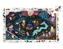 A colorful jigsaw puzzle featuring a whimsical sorcerer's apprentice scene. The image shows children and magical creatures engaging in various activities, surrounded by spooky trees, potions, and a friendly dragon. It's vibrant and detailed, making it an engaging puzzle for kids.