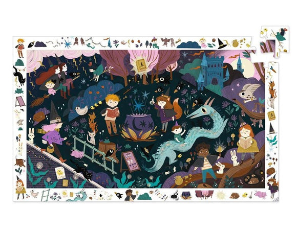 A colorful jigsaw puzzle featuring a whimsical sorcerer's apprentice scene. The image shows children and magical creatures engaging in various activities, surrounded by spooky trees, potions, and a friendly dragon. It's vibrant and detailed, making it an engaging puzzle for kids.