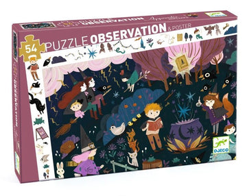 Observation Sorcerer's Apprentice jigsaw puzzle featuring whimsical illustrations of children, witches, and magical creatures in a colorful, enchanted forest setting. The box shows 54 pieces and includes a poster. Perfect for imaginative play and observation skills.