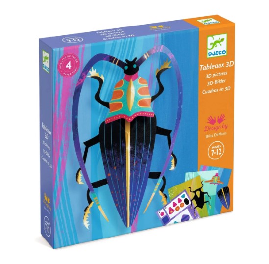 DJECO Paper Bugs Paper Creation DIY kit featuring colorful 3D paper insect art. The box showcases a vibrant beetle design, appealing to kids aged 7-12.