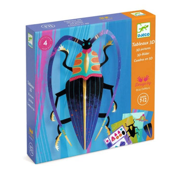 DJECO Paper Bugs Paper Creation DIY kit featuring colorful 3D paper insect art. The box showcases a vibrant beetle design, appealing to kids aged 7-12.