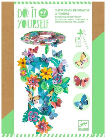 DJECO Springtime Decorative Mobile DIY kit featuring colorful butterflies and flowers to paint. Ideal for ages 7 and up, showcasing a vibrant and creative design.