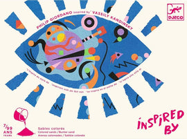 The DJECO Abstract Colored Sands DIY kit features vibrant, abstract designs inspired by the artwork of Wassily Kandinsky. The packaging showcases colorful patterns and artistic elements, making it attractive for creative projects. Ideal for art lovers, this kit allows users to explore their creativity through sand art and construction.